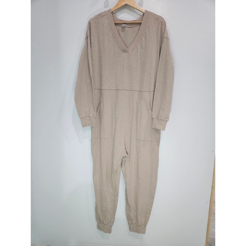 Anrabess Womens Tan Slub Knit V-Neck Long Sleeve Pocket Jumpsuit XL
